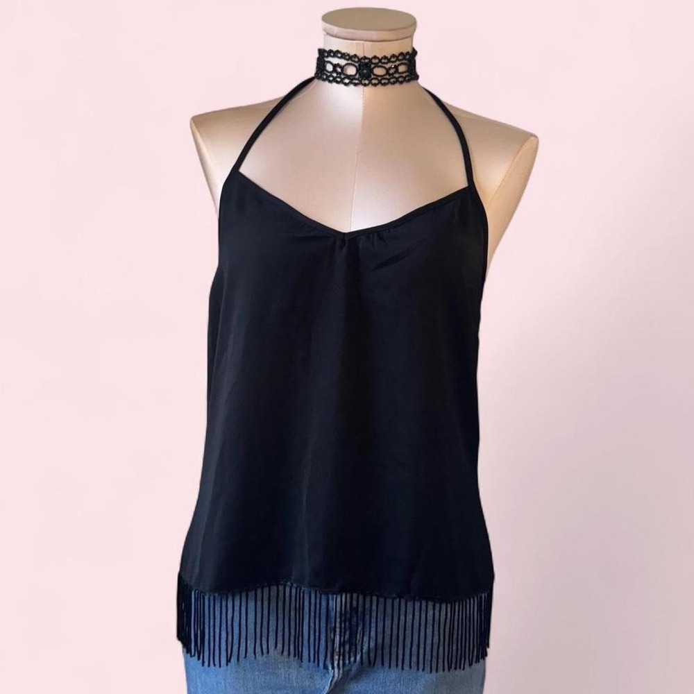 Black fringe camisole Sleek black spaghetti strap cami